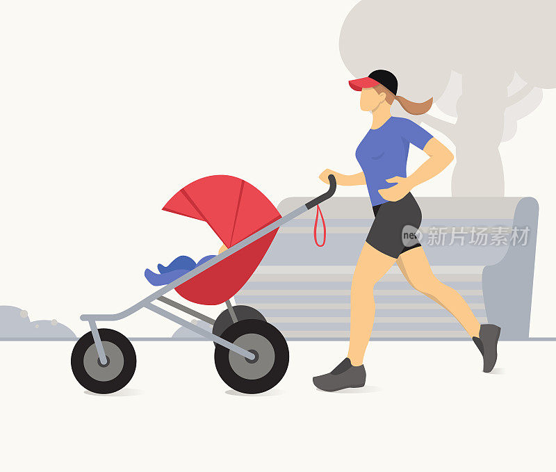 Woman jogging with stroller. Active mother jogging. Mother with child in stroller running. Vector illustration.